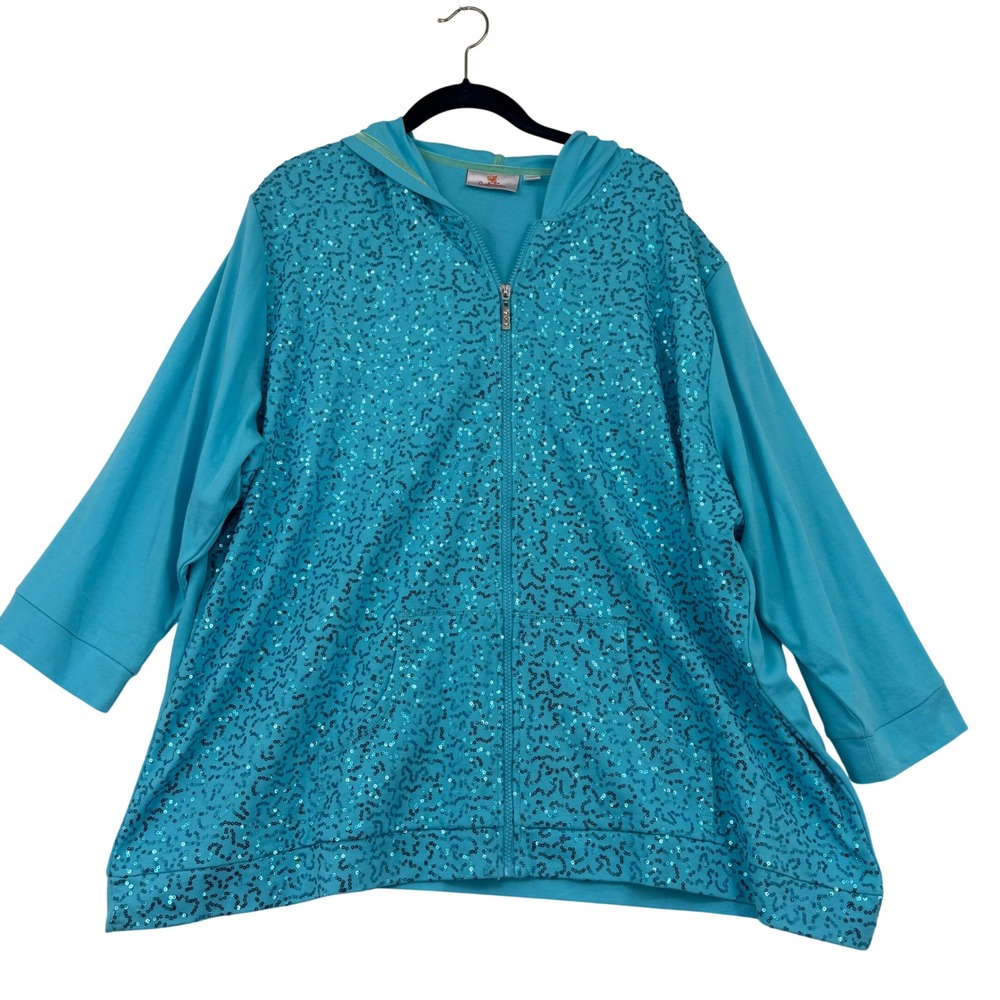 Quacker Factory Sequin Hoodie Sweatshirt 3X Blue 3/4 Sleeve Pockets Full Zip